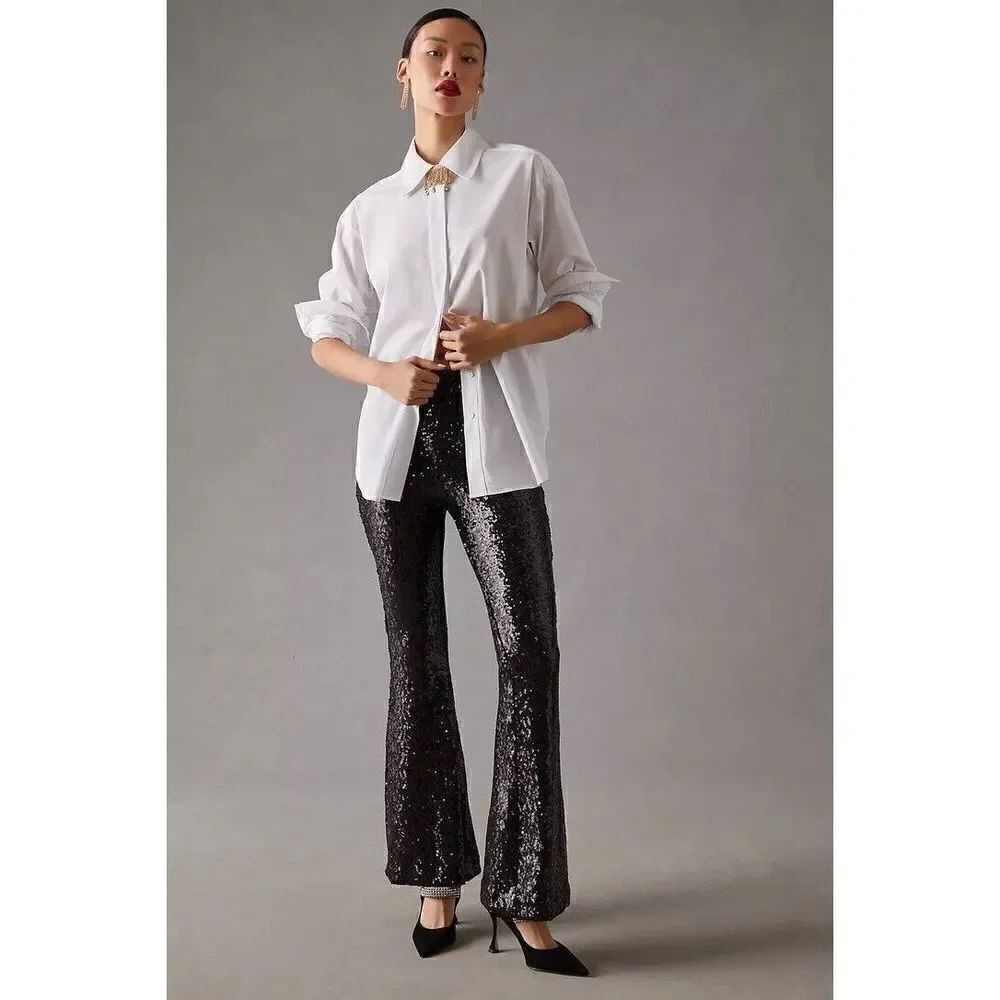 Anthropologie Joni Sequin Flare Pants Black Cocktail Party Sparkle US 4 NWT
